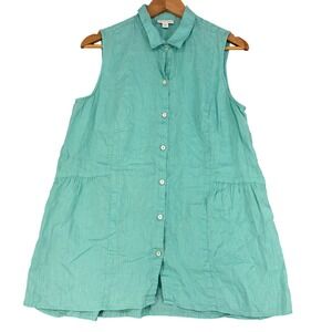 J. Jill Love Linen Sleeveless Tunic Shirt Turquoise Blue Women Medium Pocketed